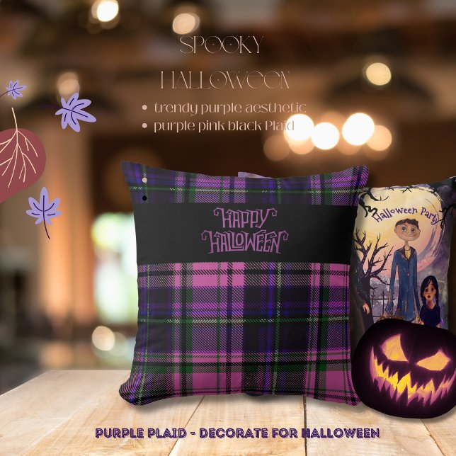 Lila Rosa Happy halloween Play Kudde (Purple Pink Happy Halloween Plaid Throw Pillow)
