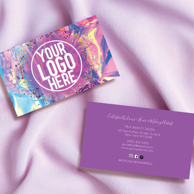Lila Rosa Holograph Glitter Confetti Logotyp Visitkort (Skapare uppladdad)