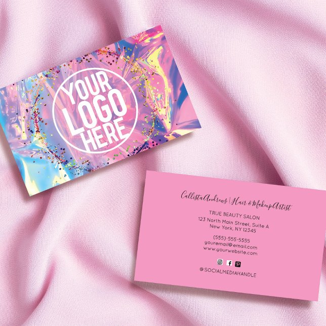 Lila Rosa Holograph Glitter Confetti Logotyp Visitkort (Skapare uppladdad)