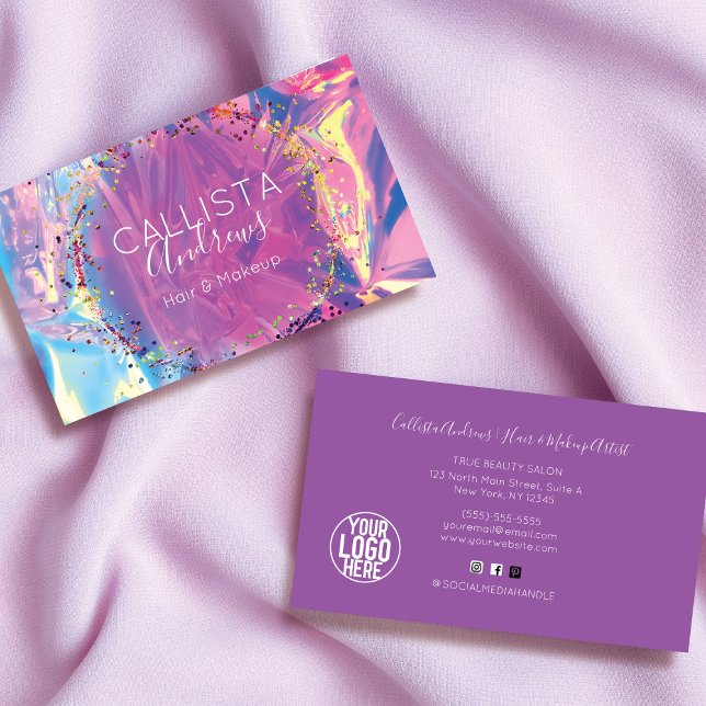 Lila Rosa Holograph Glitter Confetti Salon Busin Visitkort (Skapare uppladdad)