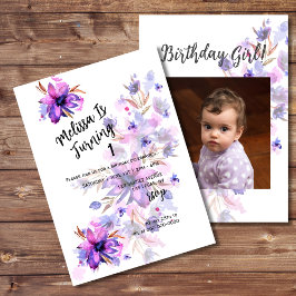 Lila Rosa Lavender Flower First Birthday Photo Inbjudningar