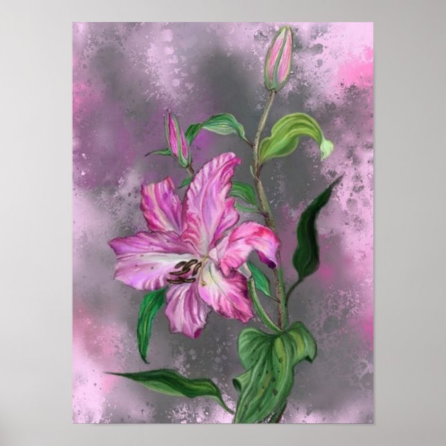 Lila Rosa Lilje Blommor Affisch Målning (Framsidan)