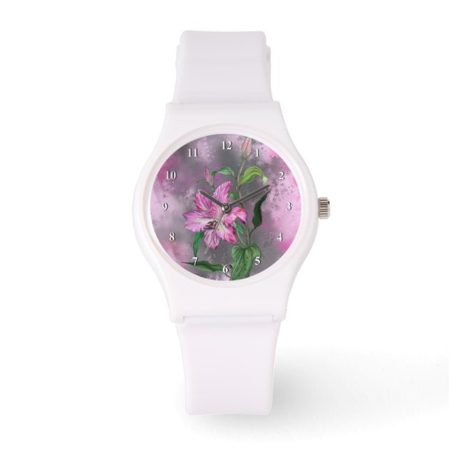 Lila Rosa Lily Flower Watch Lilies Painting Armbandsur (Framsida)
