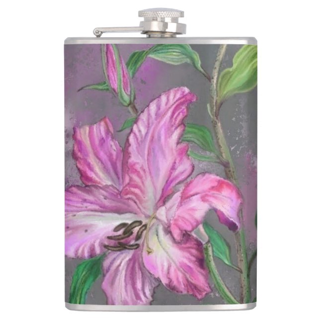 Lila Rosa Lily Flowers Flask Lilies Painting Fickplunta (Framsidan)