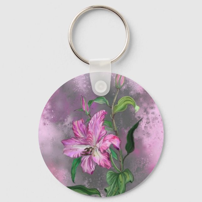 Lila Rosa Lily Flowers Keychain Lilies Painting Nyckelring (Framsida)