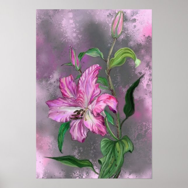 Lila Rosa Lily Flowers Poster målarfärg (Framsidan)