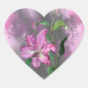 Lila Rosa Lily Flowers Sticker Målning Hjärtformat Klistermärke