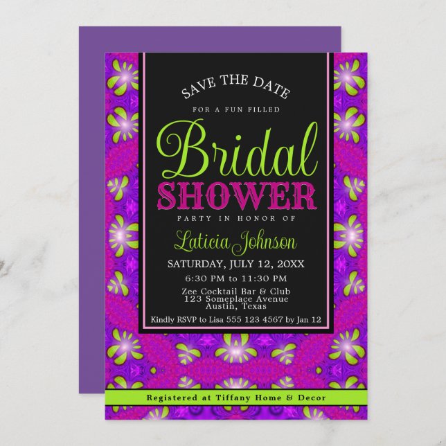 Lila Rosa Lime Green Modern Möhippa Inbjudningar (Fram/baksida)