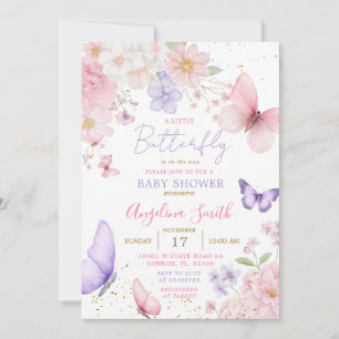 Lila & Rosa Liten Fjäril Blommig Baby Shower Inbjudningar