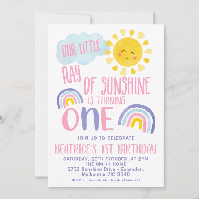 Lila Rosa Little Ray of Sunshine 1st Birthday Inbjudningar (Framsida)