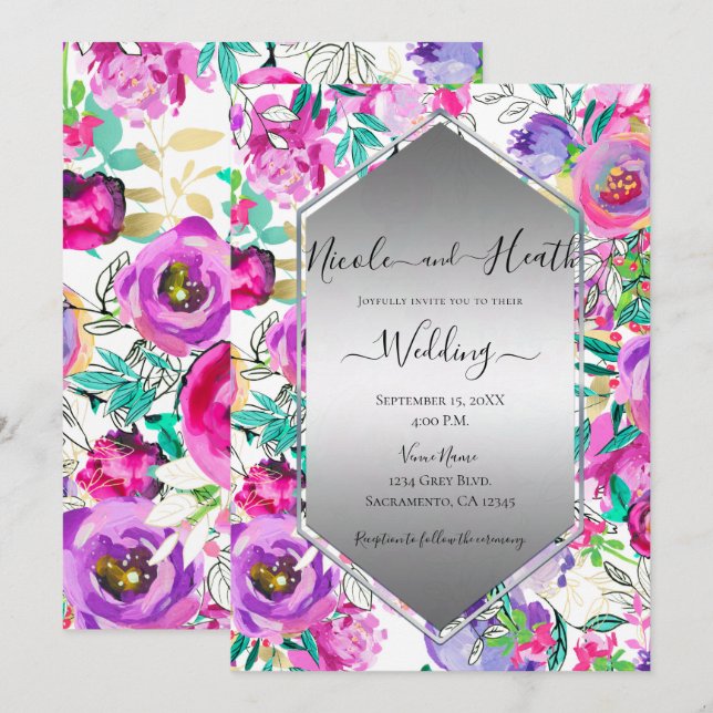 Lila Rosa Ljus Blommig Watercolor Bröllop Inbjudningar (Fram/baksida)