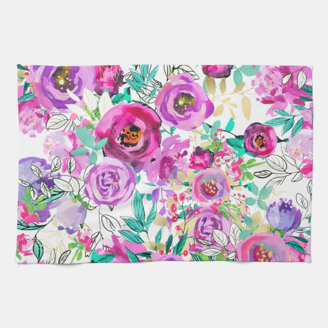 Lila Rosa Ljus Färgrik Modern Blommig Mönster Kökshandduk (Horisontell)