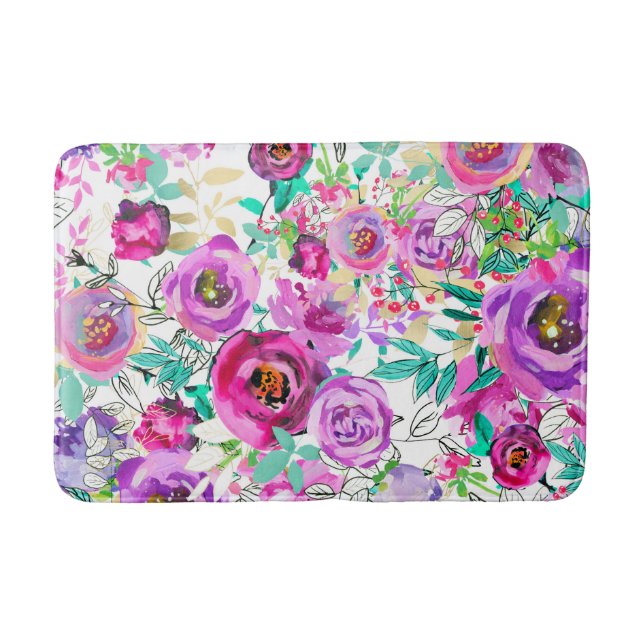 Lila Rosa Ljust Färgglatt Elegant Modern Blommig Badrumsmatta (Framsidan)