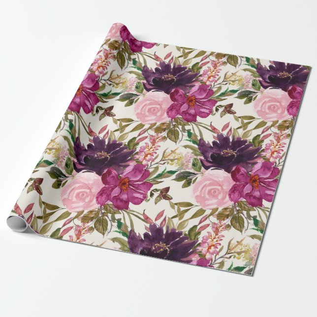 Lila Rosa Magenta Akvarell Blommig Botanisk Presentpapper (Utrullad)