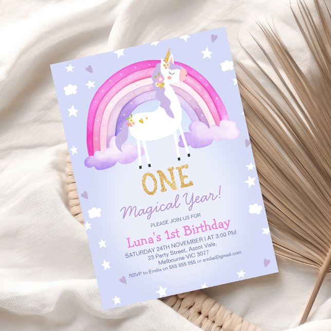 Lila Rosa Magic Year Unicorn 1st Birday Inbjudningar (Purple One Magical Year Unicorn 1st Birthday Invitation Template, Unicorn Themed First Birthday)