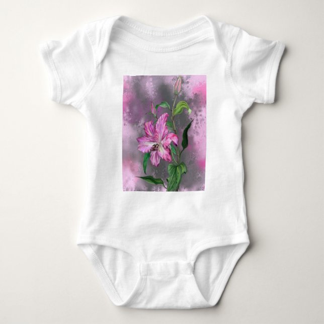 Lila Rosa Målad Lilja Blomma Baby Bodysuit T Shirt (Framsida)