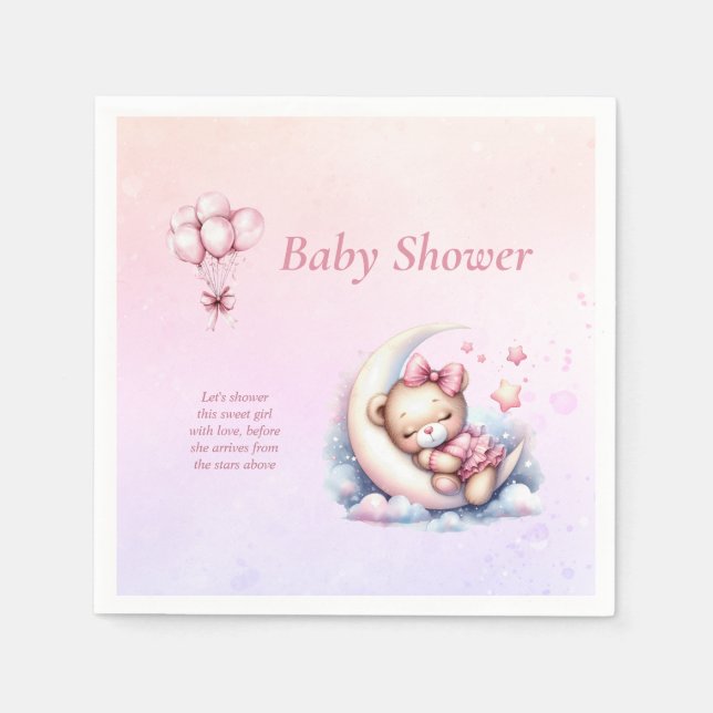 Lila Rosa Måne Dreamy Baby Bear Baby Shower Pappersservett (Framsidan)