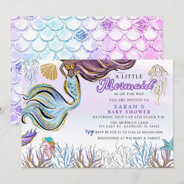 Lila Rosa Modern Glitter Mermaid Bebis Shower Inbjudningar (Fram/baksida)