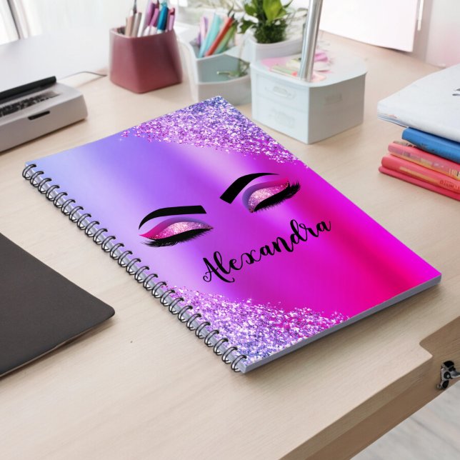 Lila Rosa Monogram Glitter Eyelash Modern Anteckningsbok (Skapare uppladdad)