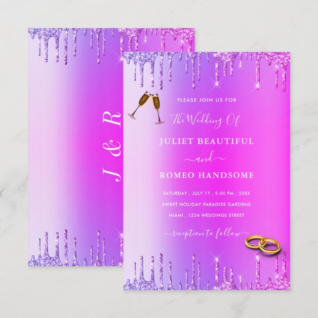 Lila Rosa Neon Glitter Drips Bröllopsinbjudan (Fram/baksida)