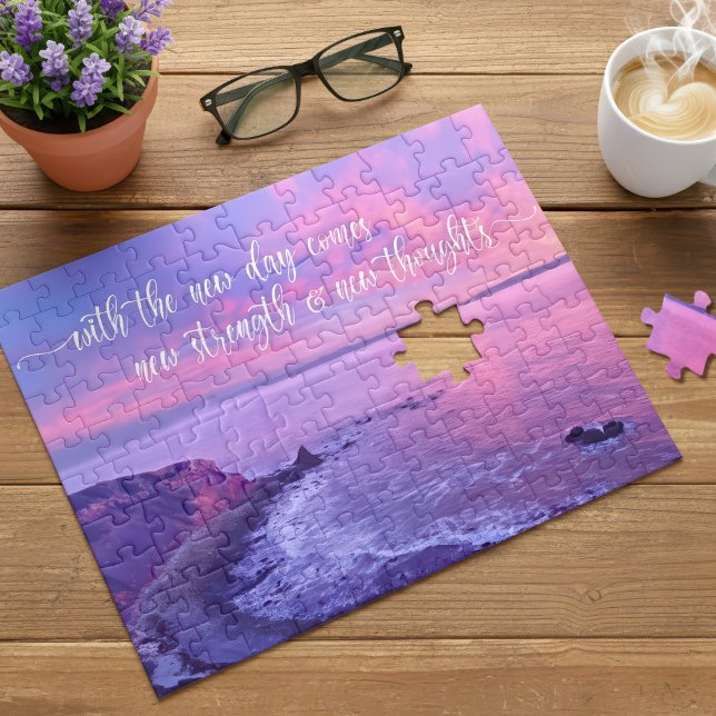 Lila Rosa Ocean Sunset Photo Inspirational Quote Pussel (Skapare uppladdad)
