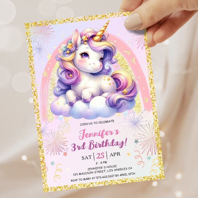 Lila Rosa och Guld 3:e födelsedagen Party Inbjudningar (#UnicornBirthdayInvitation #UnicornBirthdayInvitationTemplate #UnicornBirthdayInvitationEditable 
)