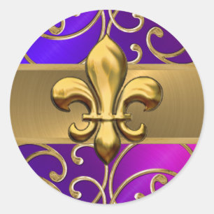 Lila Rosa och Guld Filigree Swirls Fleur de Lis Runt Klistermärke