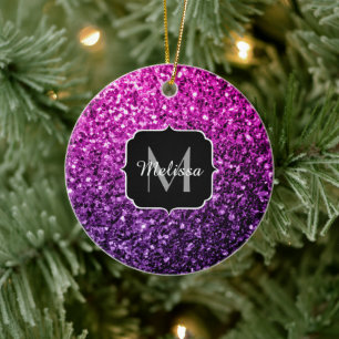 Lila Rosa Ombre faux glitter sparkles Monogram Julgransprydnad Keramik