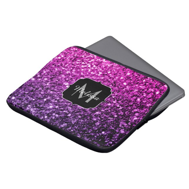 Lila Rosa Ombre faux glitter sparkles Monogram Laptop Sleeve (Framsida topp)