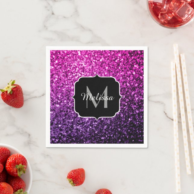 Lila Rosa Ombre faux glitter sparkles Monogram Pappersservett (Insitu)