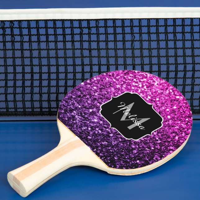 Lila Rosa Ombre faux glitter sparkles Monogram Pingisracket (Insitu)