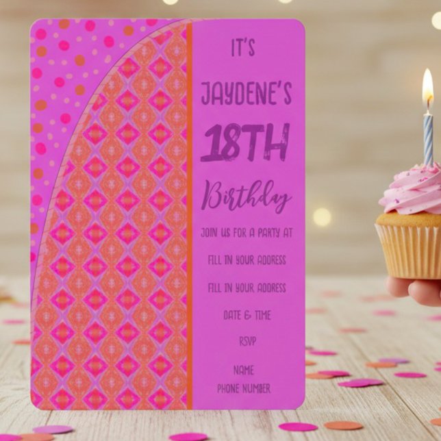 Lila Rosa Orange Persika Diamantprickar Inbjudan (Go a little crazy this birthday with a fun purple, pink & orange youthful combination. Customize it.)