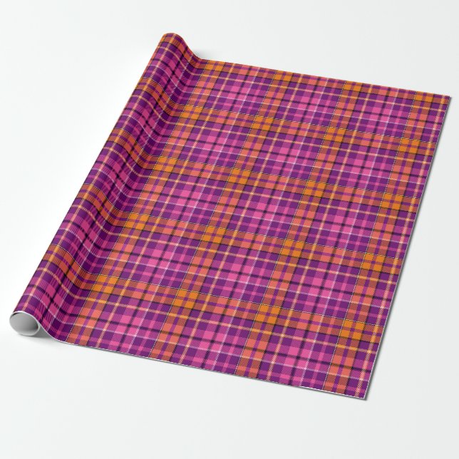 Lila Rosa Orange Plaid Tartan Design  Presentpapper (Utrullad)