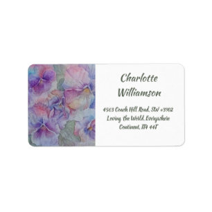 Lila Rosa Pansy Flowers i Watercolor Adress Adressetikett