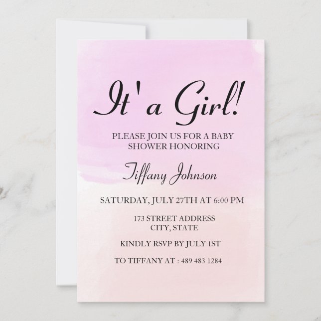Lila Rosa Pastel Ombre dess A Girl Baby Shower Inbjudningar (Framsida)