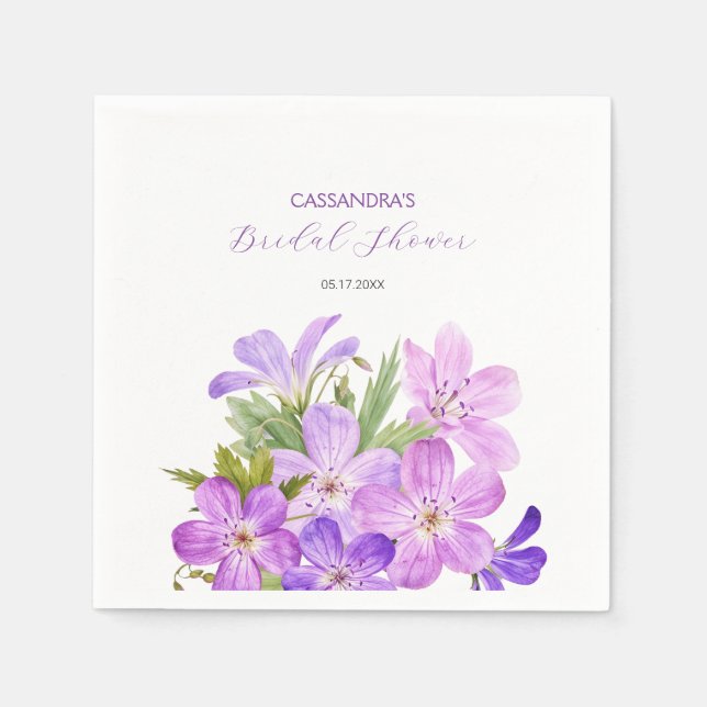 Lila rosa pelargon blombröllopsdusch  pappersservett (Framsidan)