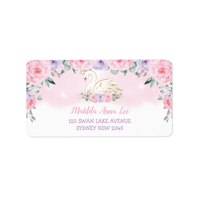 Lila Rosa Peonies Svan Princess Returadress Adressetikett (Framsidan)