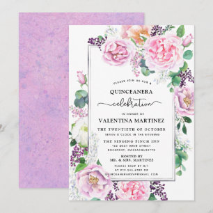 Lila Rosa Peony Ro Blommigt Quinceanera Inbjudningar