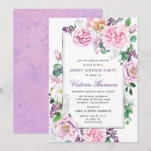Lila Rosa Peony Ro Blommigt Sweet 16 Party Inbjudningar