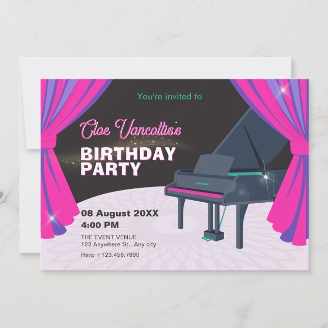 Lila rosa piano Stage Birthday Inbjudningar (Framsida)