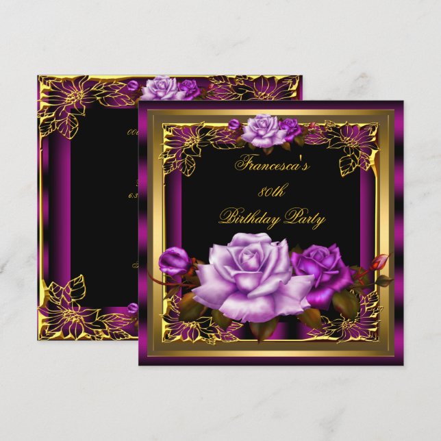 Lila Rosa Plommon Rosor Guld Elegant Födelsedag 5 Inbjudningar (Fram/baksida)
