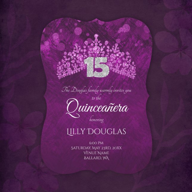 Lila, Rosa Quinceanera med Tiara-inbjudan Inbjudningar (violet purple pink quinceanera invitation with silver glitter 15 and pink tiara, gemstone crown)
