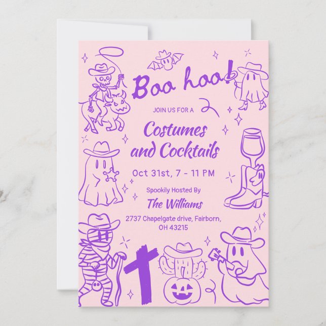 Lila Rosa Quirky Hand plockade Cowboy Halloween Inbjudningar (Framsida)