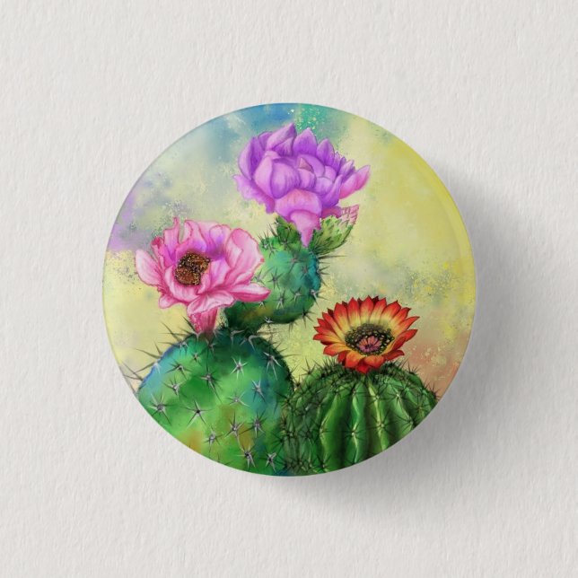 Lila Rosa Red Cactus Flowers Button Knapp (Framsida)