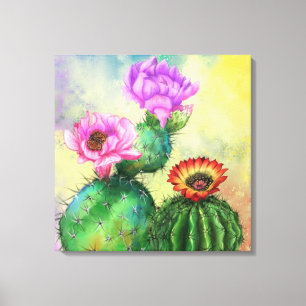 Lila Rosa Red Cactus Flowers Miged Paeing Art. Canvastryck