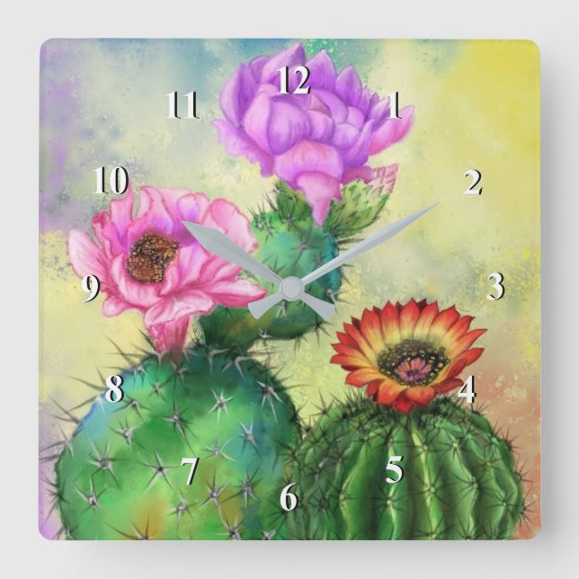 Lila Rosa Red Cactus Flowers Miged Painting Art Fyrkantig Klocka (Framsida)