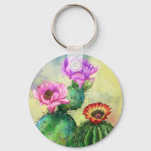 Lila Rosa Red Cactus Flowers Miged Painting Art Nyckelring (Framsida)