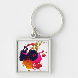 Lila Rosa Red Guld Paint Splatter Monogram Fyrkantig Silverfärgad Nyckelring