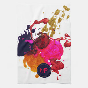Lila Rosa Red Guld Paint Splatter Monogram Kökshandduk