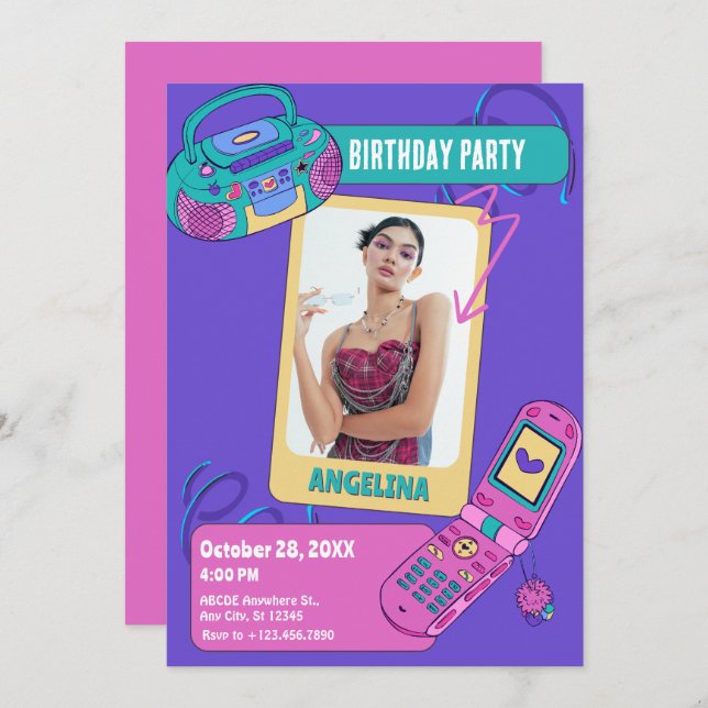 Lila rosa retro y2k foto födelsedag inbjudningar (Fram/baksida)